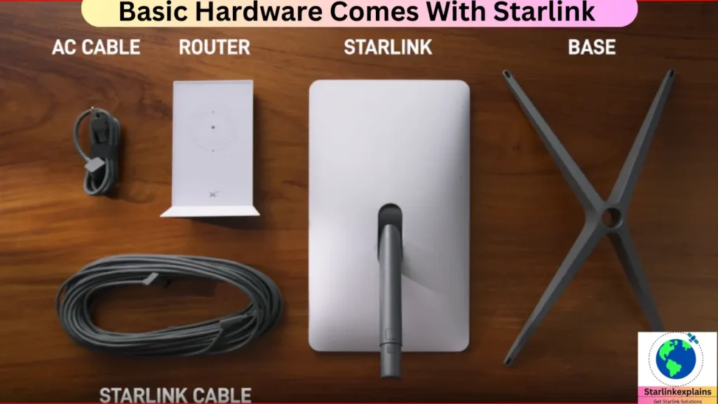 basic sstarlink hardwware that comes with starlink like dish, cable, router, base.